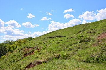 Naklejka premium A beautiful hillside covered in green grass under a blue sky with fluffy white clouds
