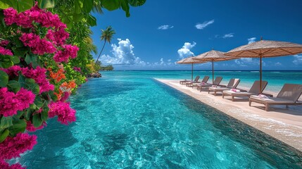 Infinity pool overlooking a pristine beach with lounge chairs and vibrant bougainvillea.