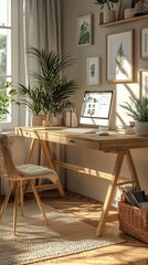 Obraz premium a scandinavian style home office with a simple wooden desk