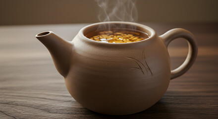 Steaming barley tea in traditional Korean teapot, close-up studio shot