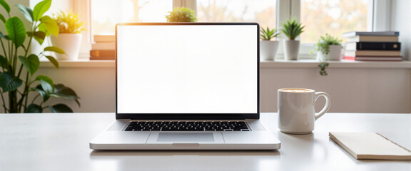 Fototapeta premium Open laptop and coffee cup on minimalist desk, focused productivity