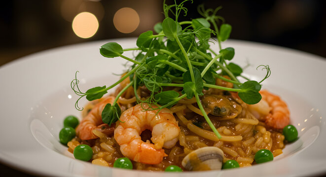 Exquisite seafood pasta dish adorned with vibrant pea shoots on a white plate