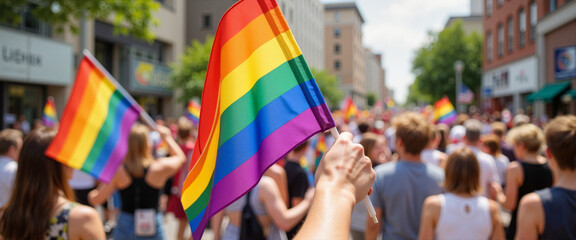 Hand holding rainbow flag at vibrant parade, celebrating diversity