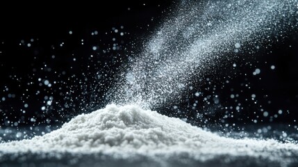 A fine pile of white powder is illuminated against a dark background, creating a dramatic effect with sparkling particles in the air.