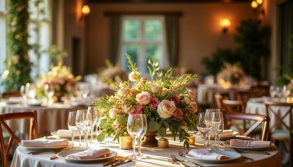 A table with a floral centerpiece and a variety of wine glasses and utensils. The table setting is elegant and inviting, with a sense of warmth and sophistication