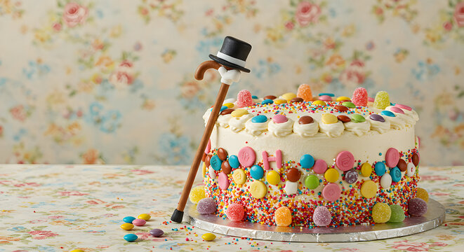 Humorous over-the-hill birthday cake with cane topper for milestone celebration - Powered by Adobe