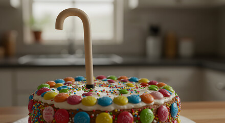 Humorous over-the-hill cake decorated with candies and a walking cane topper