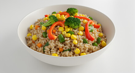 Nutritious bowl of brown rice with colorful fresh garden vegetables and a clean presentation