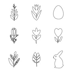 Black and white Easter icons in minimalist style. Spring holidays.