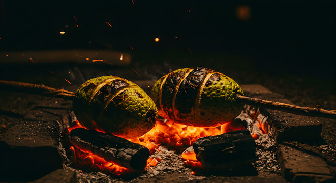 Roasting breadfruit over glowing embers, culinary traditions, smoky flavor