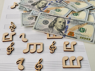 Musical notes and cash bills arranged on sheet music create an artistic representation of value in creativity and finance concept