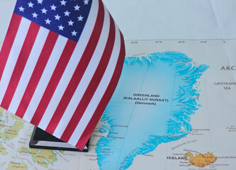 Map of Greenland with US flag superimposed and geographic details and surrounding regions. American...