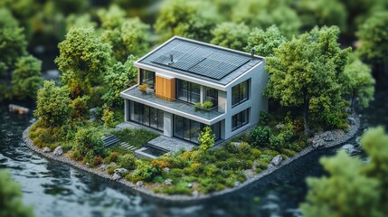 Modern eco-friendly house with solar panels surrounded by lush greenery and water