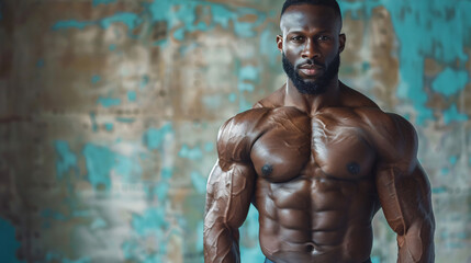 Shirtless bodybuilder displaying his muscular physique and strong abs, with a focus on his handsome, confident demeanor
