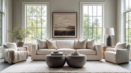 Modern living room design with natural light and stylish furnishings showcasing serene artwork