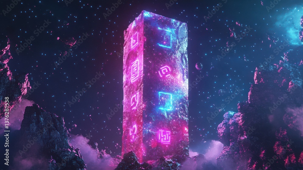 Canvas Prints a tall neon glowing structure floats in outer space