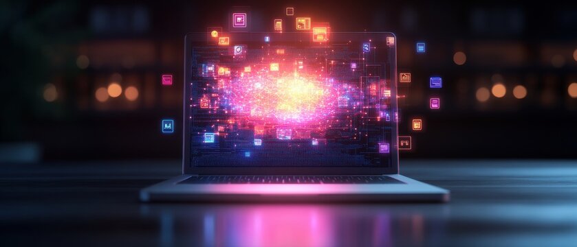 A mesmerizing laptop screen showcases a vibrant swirling galaxy of colorful app icons glowing with energy in a dark and enchanting setting around it