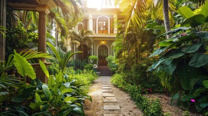 Elegant luxury villa surrounded by lush tropical gardens.