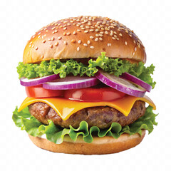 tasty and fresh beef burger with cheese and salad isolated on white background