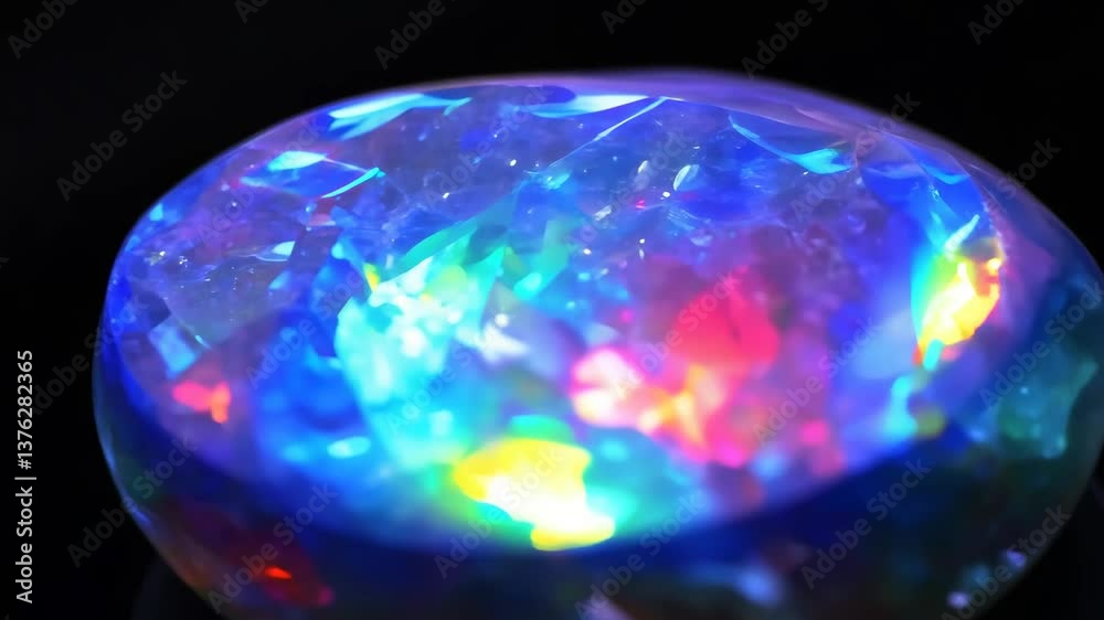 Poster a colorful gemstone with a rainbow effect. it is a large, oval-shaped stone. the stone is sitting on
