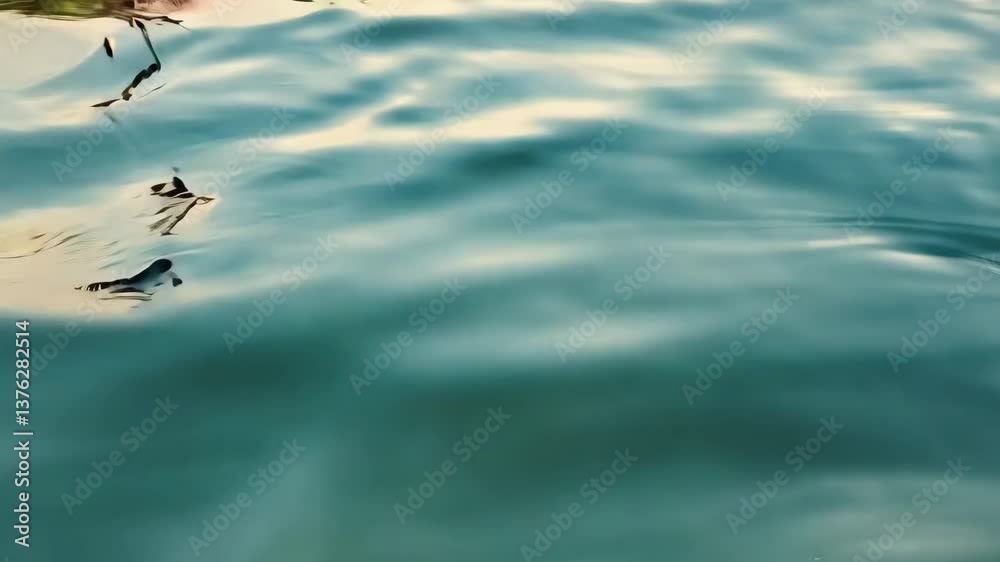 Poster a blurry image of the ocean with a wave. the water is blue and the sky is cloudy