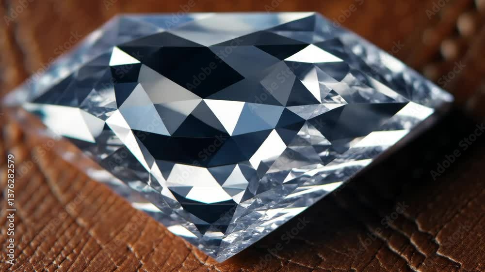 Poster a diamond is on a brown surface. it is a large diamond. the diamond is clear and shiny