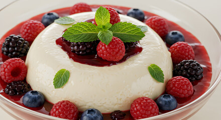 Delightful panna cotta adorned with berry coulis and fresh mint leaves perfection