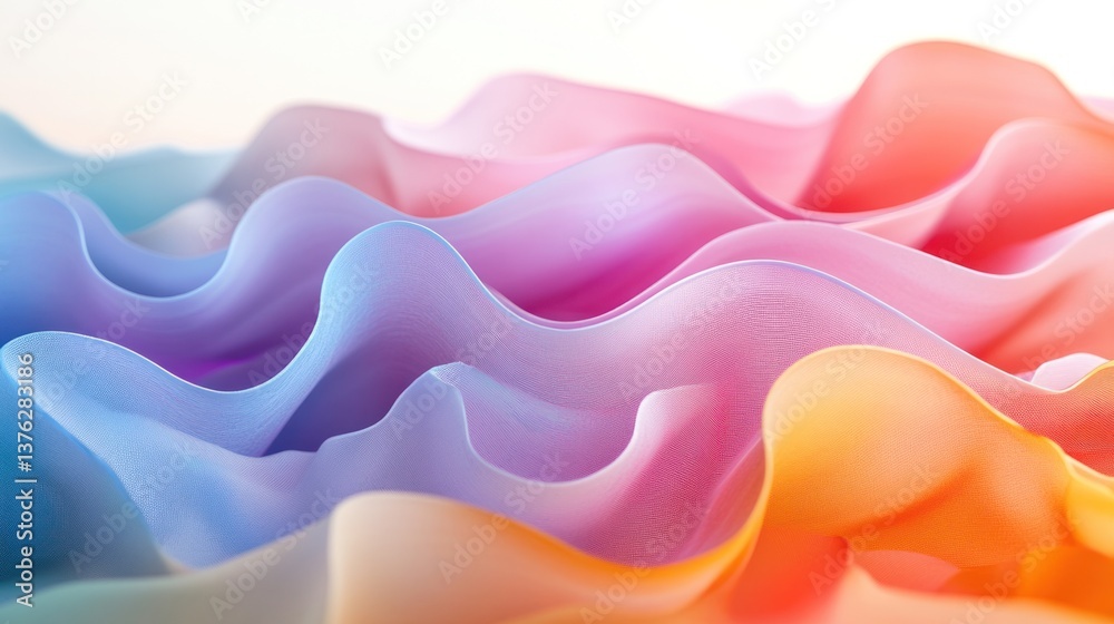 Poster flowing, undulating waves of vibrant colors create a dynamic abstract surface, with soft gradients b