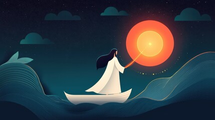 Serene Illustration of a Person in a Boat Reaching for a Celestial Light in the Night Sea