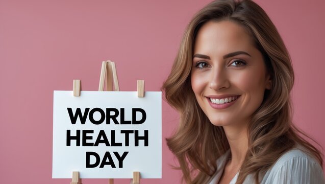 A smiling young woman holding a sign for World Health Day in front of a pastel pink background, promoting health awareness