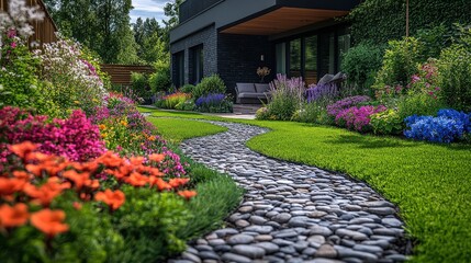 Vibrant garden pathway lined with colorful flowers leading to a modern home in a serene setting