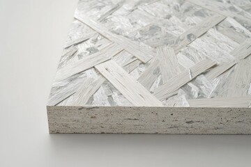 High-angle shot of a large sheet of OSB board with a soft white and grey tone, showcasing its textured surface made of pressed wood strands arranged in a natural