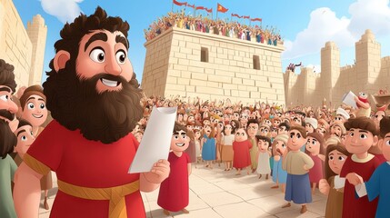 Animated Crowd Scene: Man Reading Scroll to People Gathered at City Gate with Flags