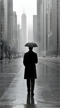 Fototapeta A lone Figure Walking Down a Rainy City Street