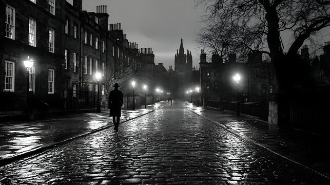 Fototapeta A Man Walking Alone on a Rainy Night in a Cobblestone City Street