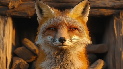 Obraz premium Red fox portrait at sunset, near wooden logs.