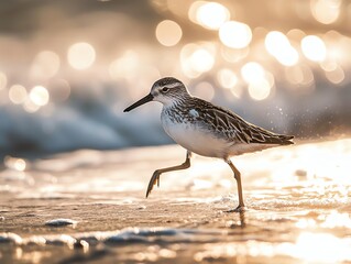 Obraz premium Sandpiper Walking on Sandy Beach with Sparkling Water in Golden Light