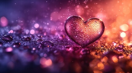 Fototapeta premium Sparkling heart with water droplets on vibrant purple and orange background.