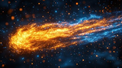 Fototapeta premium Fiery comet with orange and blue trails streaking across a dark, starry night sky.