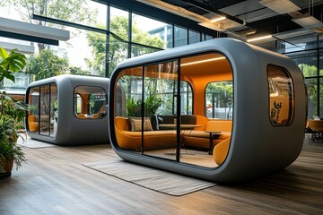 Two enclosed seating areas are in a modern office setting
