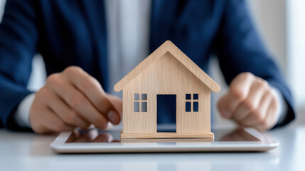 person in suit is holding wooden house model on tablet