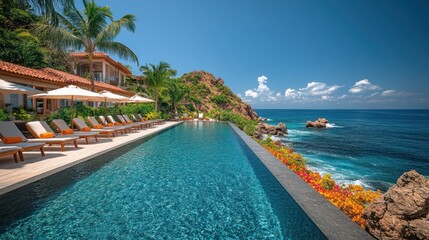 Fototapeta premium Infinity pool overlooking ocean, luxury resort.
