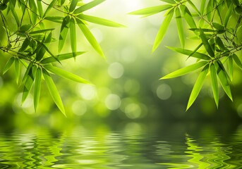 Obraz premium Serene Bamboo Leaves Reflected in Water - Nature, Tranquility, Greenery, Bokeh Background, Peaceful Scene.
