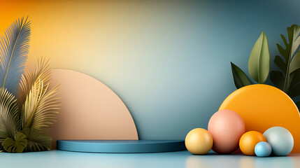 Fototapeta premium vibrant abstract composition featuring geometric shapes and tropical leaves, with gradient background blending warm and cool tones. scene evokes sense of modern elegance