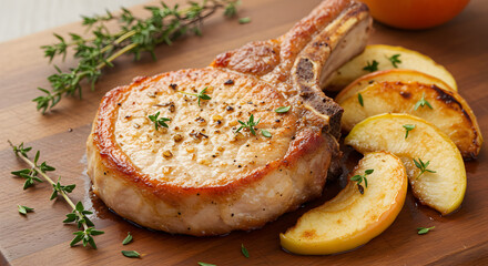 Delicious seared pork chop with caramelized apples and thyme garnish on wood