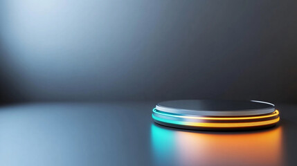 sleek, futuristic platform with glowing orange and blue lights sits on reflective surface, creating minimalist and modern aesthetic. ambient lighting enhances its geometric design