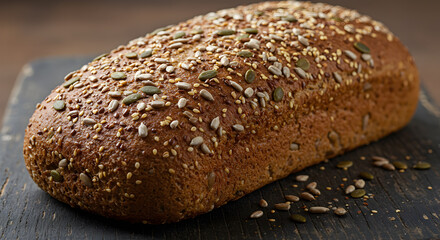 Artisanal rye bread loaf with mixed seeds on rustic wooden cutting board