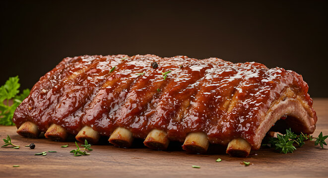 Succulent pork ribs with barbecue glaze, presented on wooden cutting board