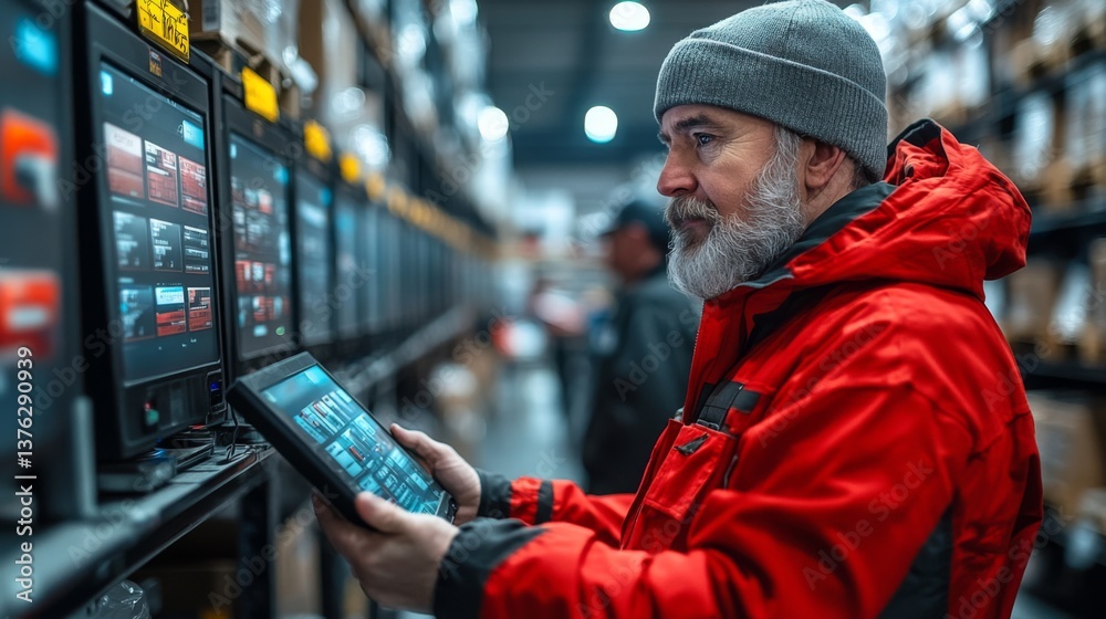 Aufkleber A worker in a red jacket checks real time logistics data on a tablet inside a busy warehouse, ensuring smooth transportation and distribution processes.
