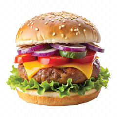 tasty and fresh beef burger with cheese and salad isolated on white background